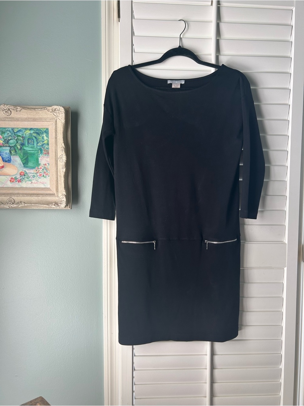 Joan Vass Black Midi Shift Dress with Zipper Pockets